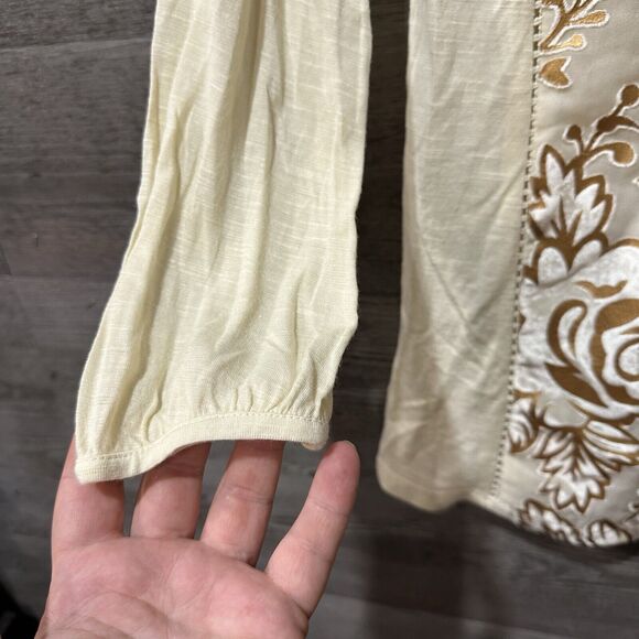 Meadow Rue Anthropologie Womens XS Blouse Beige Floral Long Sleeve - Picture 2 of 15